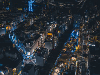 High angle view of illuminated cityscape at night