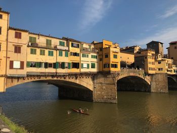 Bridge over river by buildings against sky