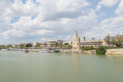 Buildings by river against cloudy sky