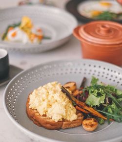 High angle view of breakfast served on table