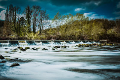 Surface level of river flowing in forest against sky