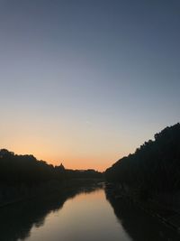 Scenic view of lake against clear sky during sunset