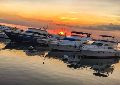 Boats in harbor at sunset