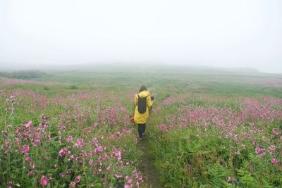 Rear view of person standing on field