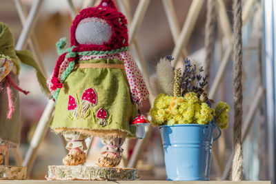 Handmade toys from textile on street market in moscow, russia.