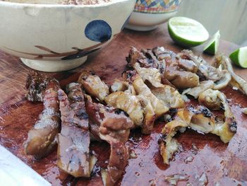 High angle view of food served on table