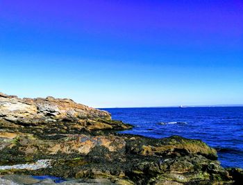 Scenic view of sea against clear blue sky