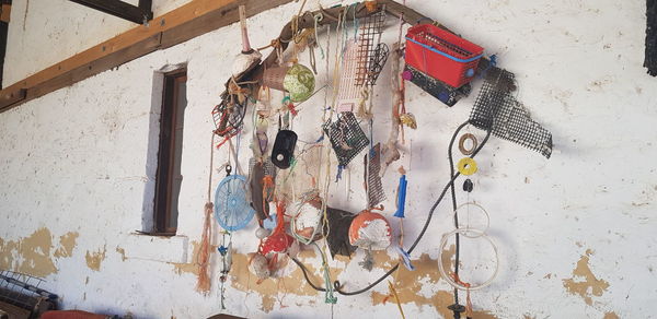 High angle view of multi colored umbrellas on wall