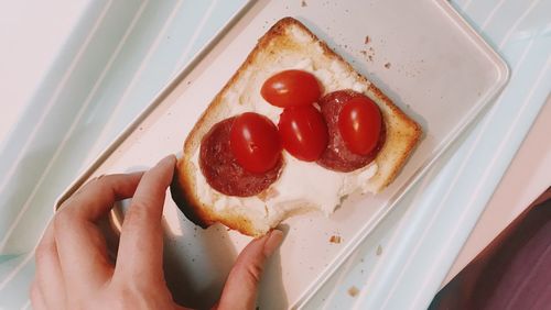 Close-up of hand holding tomato toast in plate