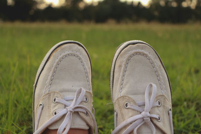 Low section of person wearing shoes on grassy land