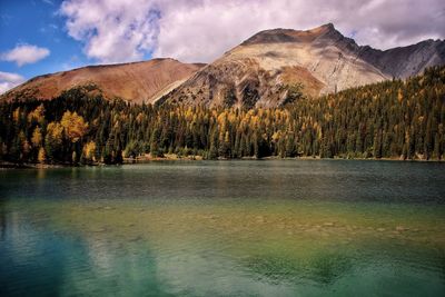 Scenic view of lake by mountains against sky