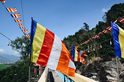 Multi colored flags hanging on tree against sky