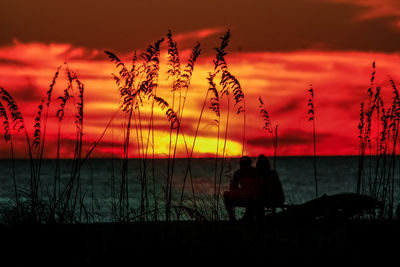 Silhouette people on shore against orange sky