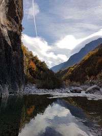 Scenic view of lake by mountains against sky