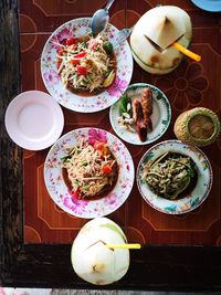 High angle view of thai food on table