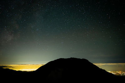 Scenic view of silhouette mountain against sky at night