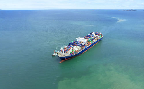 High angle view of ship sailing in sea