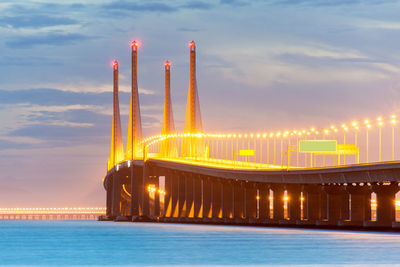 Scenic view of illuminated sea against sky during sunset