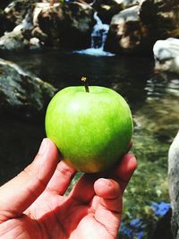 Cropped hand holding granny smith apple against stream