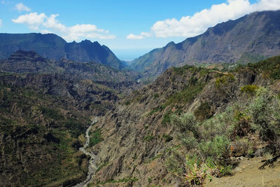 Panoramic view of landscape and mountains against sky