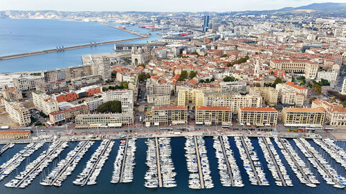 High angle view of buildings in city
