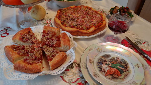 Close-up of food served on table