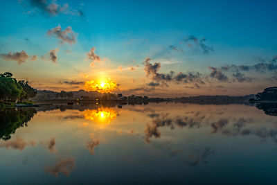 Scenic view of lake against sky during sunset