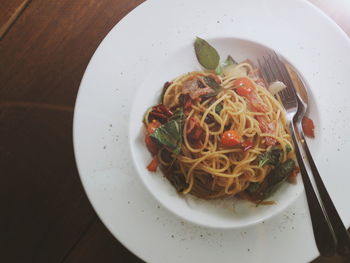 High angle view of noodles in plate on table