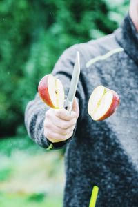 Midsection of person cutting fruit