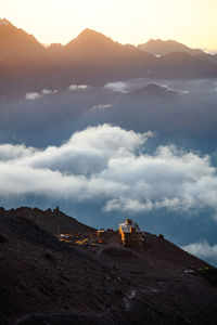 Scenic view of mountains against sky during sunset