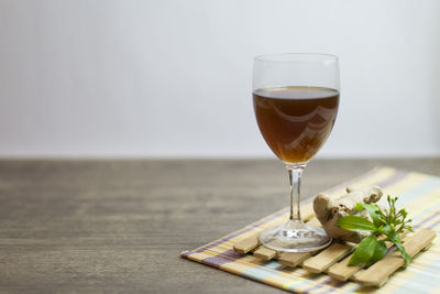 Close-up of beer in glass on table