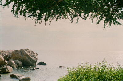 Scenic view of rocks by sea against sky