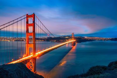 Golden gate bridge in city against cloudy sky