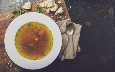 High angle view of soup in bowl on table