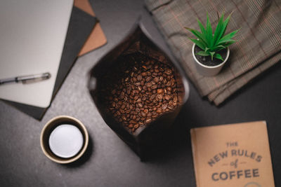 High angle view of coffee on table