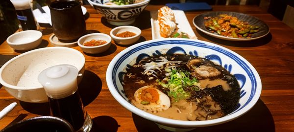 Japanese ramen on table with top view highlight