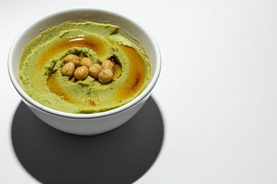 High angle view of soup in bowl on table