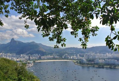 Scenic view of lake by city against sky