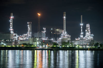 Illuminated factory by river against sky at night