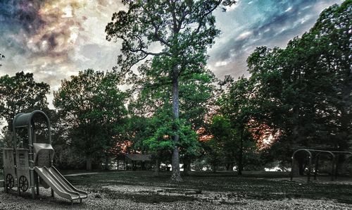 Trees in park against cloudy sky