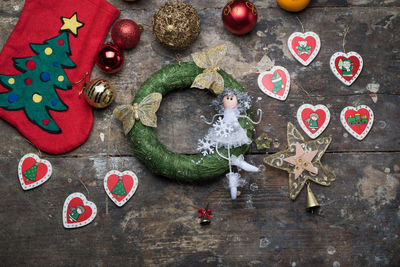 High angle view of christmas decorations on table