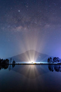 The milky way above mount sumbing and embung kledung with shining lights, temanggung