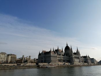 Buildings by river against sky in city