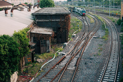 High angle view of railroad tracks amidst plants