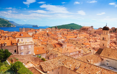 High angle view of town against sky