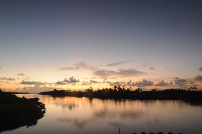 Scenic view of lake against sky at sunset