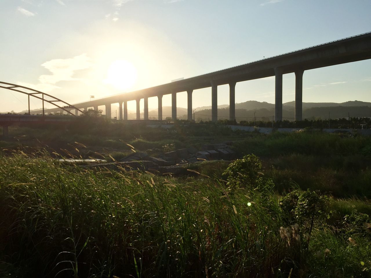 sun, sky, sunlight, connection, field, grass, sunbeam, plant, lens flare, bridge - man made structure, nature, growth, tranquility, fence, sunset, tranquil scene, built structure, beauty in nature, landscape, scenics
