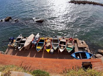 High angle view of boats moored on beach