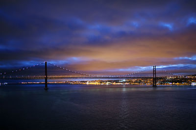 View of 25 de abril bridge famous tourist landmark of lisbon in the evening. lisbon, portugal