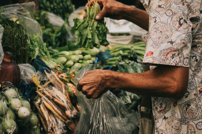 Midsection of man with vegetables at market stall